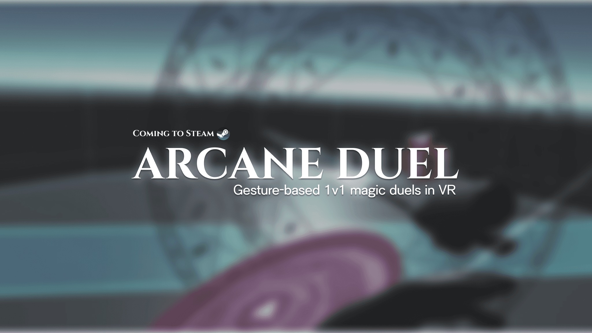 룬 마법진을 그리는 손과 맞은편의 상대 — Arcane Duel VR 게임 화면